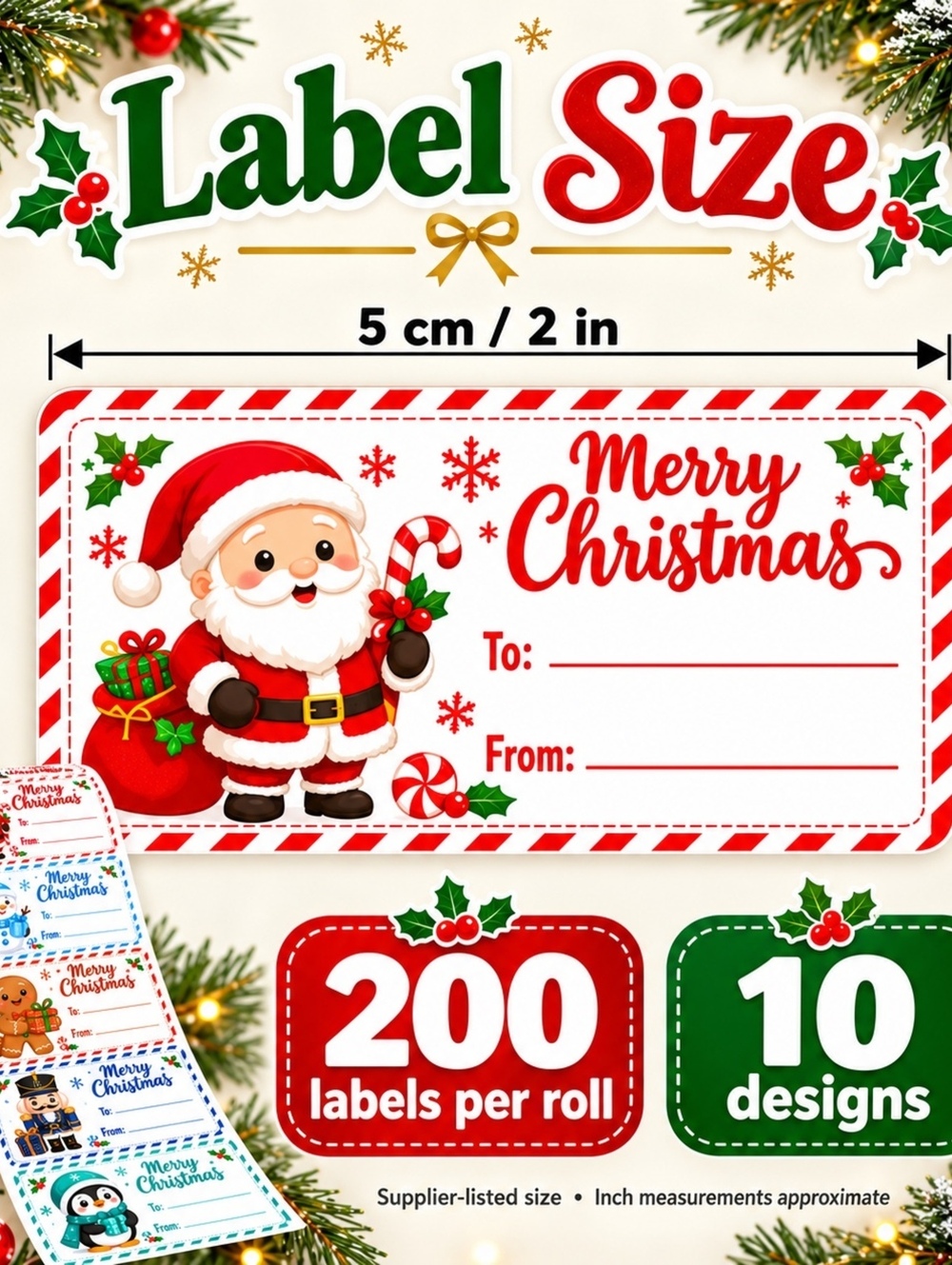 Christmas Gift Labels Roll, 200 Labels, 10 Festive Designs